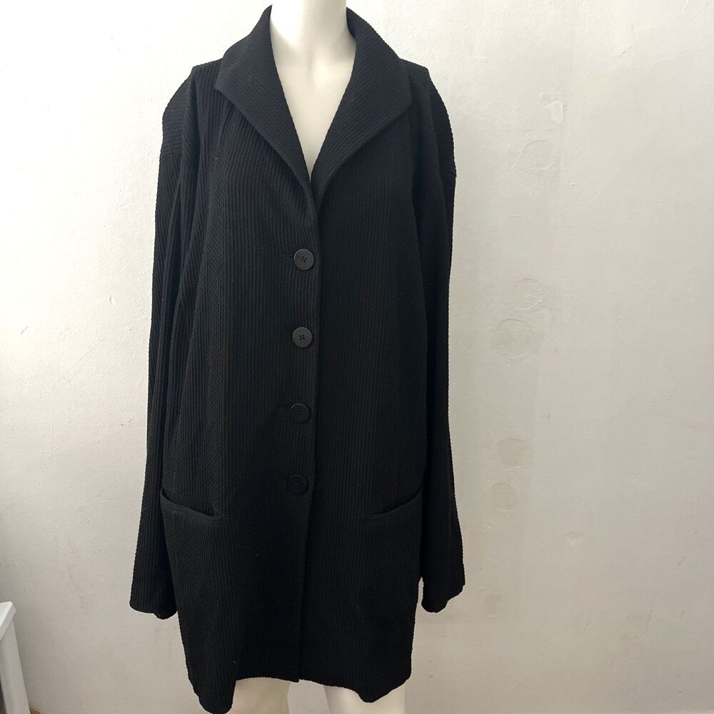 Eileen Fisher Black Jacket Sz Xl Waffle Classic Lagenlook Relaxed Comfort Button